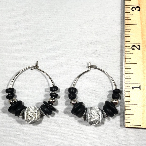 EARRINGS - SILVER-TONE HOOP with BLACK, GRAY, and SILVER-TONE BEADS. - Picture 3 of 3